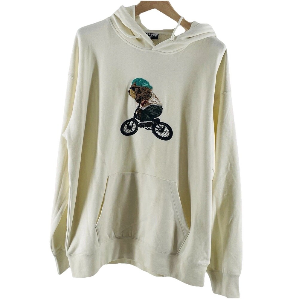 CROPP brand Men’s Large Cream Colored Hoodie Embroidered Bear On Bike Streetwear